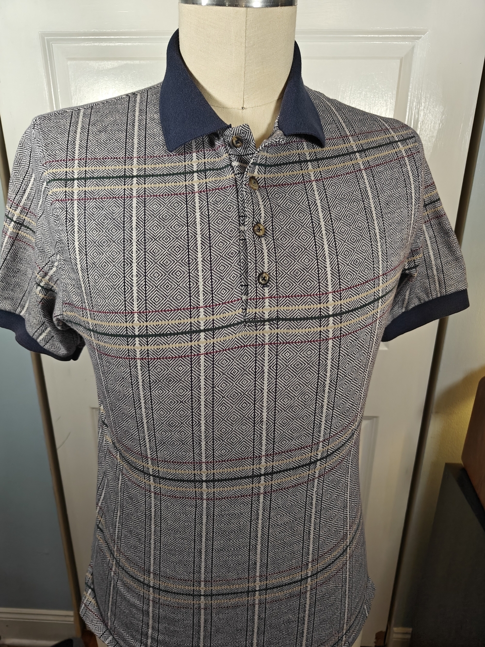 Vintage 90s Page & Tuttle Mens Medium Made in USA Navy Plaid Golf Polo Shirt
